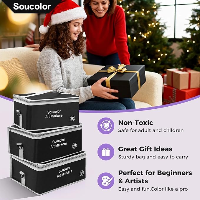 Soucolor Alcohol Markers 320 Colors with Case & Holders, Dual Tips Chisel & Fine Art Markers for Adult Coloring Kids Drawing, Artist Markers Art Supplies for Blending Sketching