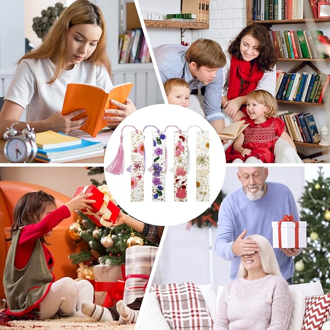 Dried Flower Bookmarks with Tassels, Kaluofan 4PCS Bookmarks for Women, Durable Handmade Dried Flower Resin Bookmarks, Pretty and Increase Reading Interest, (FB04)