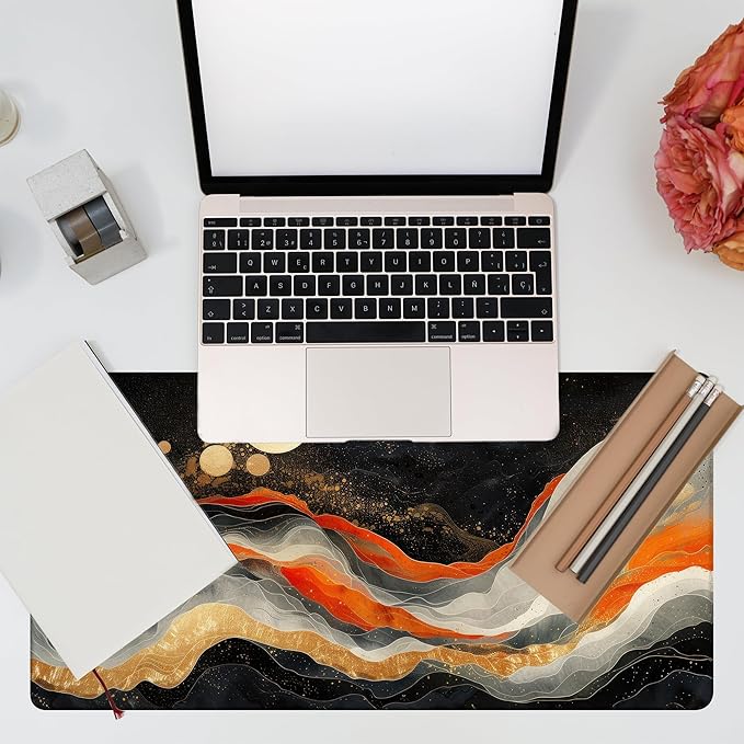 Large Gaming Mouse Pad, Orange Golden Waves Desk Mat, Abstract Art Painting Desk Pad, 31.5"x15.7" Extended Big Computer Keyboard Mouse Pad with Non-Slip Base and Stitched Edge