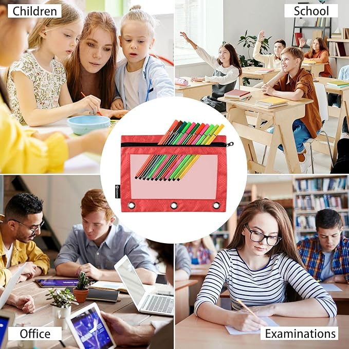 Gredecor Binder Pencil Pouch 3 Ring Red Zipper Pencil Pouches Case 2 Pack Clear Window Binder Organizer for School Office