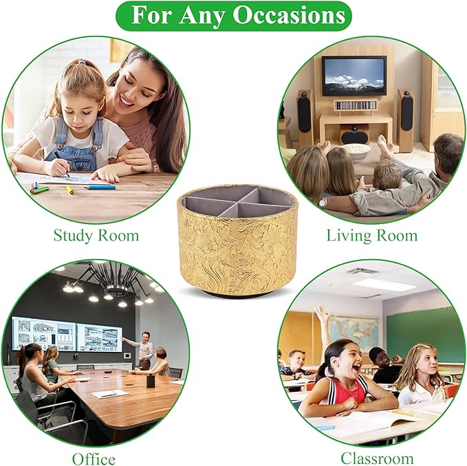 lizimandu Round Leather Art Supply Organizer,Remote Control Holder,360 Degree Spinning,Multi-Functional Pencil Holder,4 Compartments Desktop Stationary Organizer(1-Carved Gold)