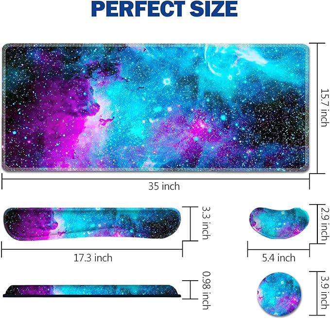 AIMSA Large Gaming Mouse Pad Set, Keyboard Wrist Rest Support Mouse Pad, Ergonomic Memory Foam Multifunctional Extended Desk Mat 35x15.7in Anti-Slip Rubber Base, Galaxy Nebula Universe