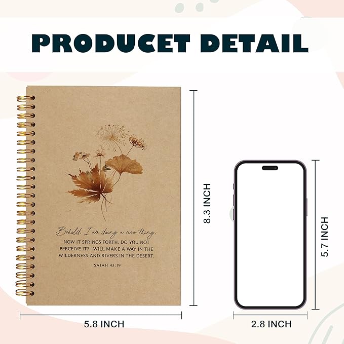Behold I am Doing a New Thing Floral Christian Notebook Journal, Christian Gifts for Women, Bible Notebooks for Note Taking, Bible Journaling Notebook, Hardcover Spiral Notebook 5.5x8.3 kraft paper