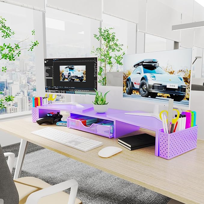 Spacrea Metal Desk Organizers and Accessories, Dual Monitor Stand Riser with Drawer and 2 Pen Holders, Desk Accessories & Workspace Desktop Organizers for Office Supplies (Purple)