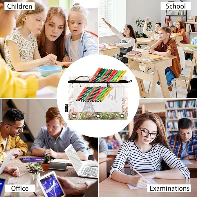 ZAZYXTJ Eiffel Tower Binder Pencil Pouchs 3 Ring with Zipper Clear Window Office Organizers bag for School Students Teacher Supplies 2 Pack