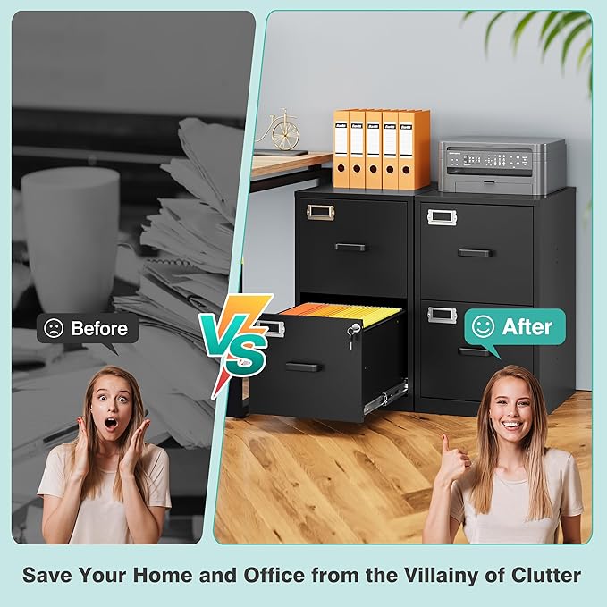 SISESOL 2 Drawer File Cabinet with Lock,Narrow Vertical Filing Cabinet,Under Desk File Cabinets,Black Metal File Cabinets for Home Office,Fit Letter/A4/Legal Size File,Easy Assembly