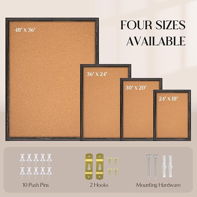 Cork Board Bulletin Board - 24" x 18" - Rustic Black Frame Corkboard for Wall - Decorative Pin Board, Message Board, Vision Board, Picture Board, Photo Board