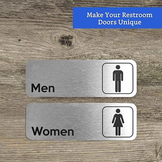 Men and Women Restroom Sign (Brushed Aluminum Set of 2) - Modern Bathroom Sign for Business - Restroom Signs for Business