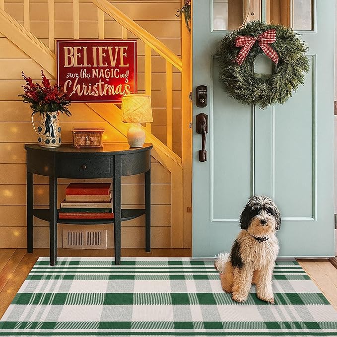 Christmas Green & White Check Rug - 28 x 43 Inches Outdoor Front Door Decor Mat Cotton Washable Hand-Woven Rug Christmas New Year Holiday Porch Entryway Layered Doormat