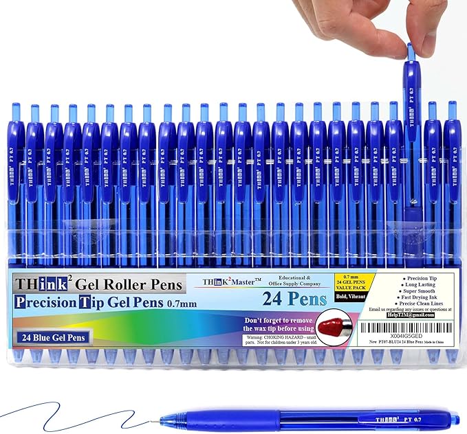 THINK2MASTER [24 Pens - Blue Ink Think2 0.7mm Precision Tip Gel Pens. (24 Blue) Fine Point Small Rollerball Pens with Smooth Quick Drying Ink.