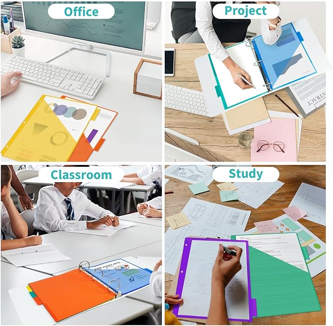 Binditek 15 Pack Plastic Dividers with Front Pocket, 5-Tab Insertable Poly Pocket Dividers for 3 Ring Binders, Letter Size, Multicolor, 3 Set, for Students and Coworkers
