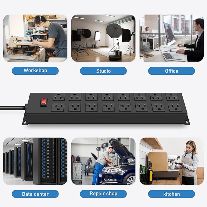 JUNNUJ Heavy Duty 20 Amp Power Strip with Surge Protection 3000J, Garage 16 Outlets Metal 12 Gauge, Desk Strips Wide Spaced, High Amp 5-15P Adapter Shop 6-20R T-Slot Industrial Outlets (16AC, 10FT)