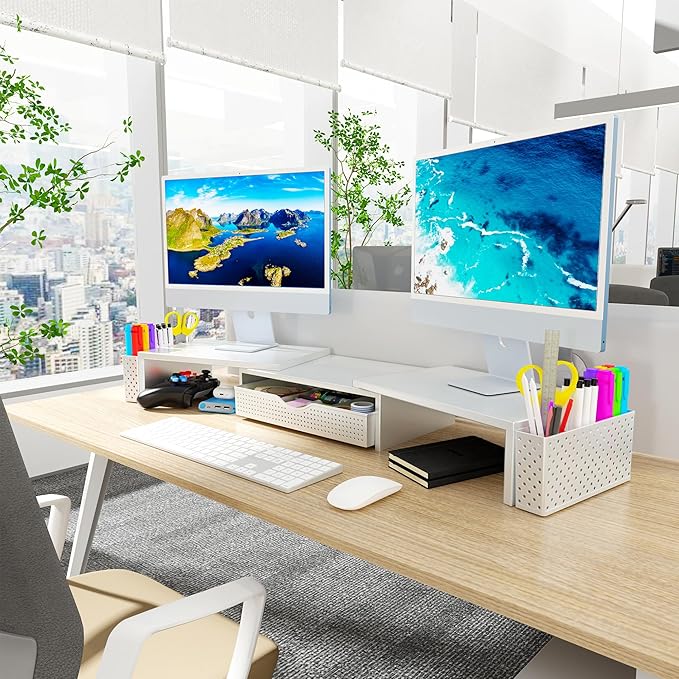 Spacrea Metal Desk Organizers and Accessories, Dual Monitor Stand Riser with Drawer and 2 Pen Holders, Desk Accessories & Workspace Desktop Organizers for Office Supplies (White)