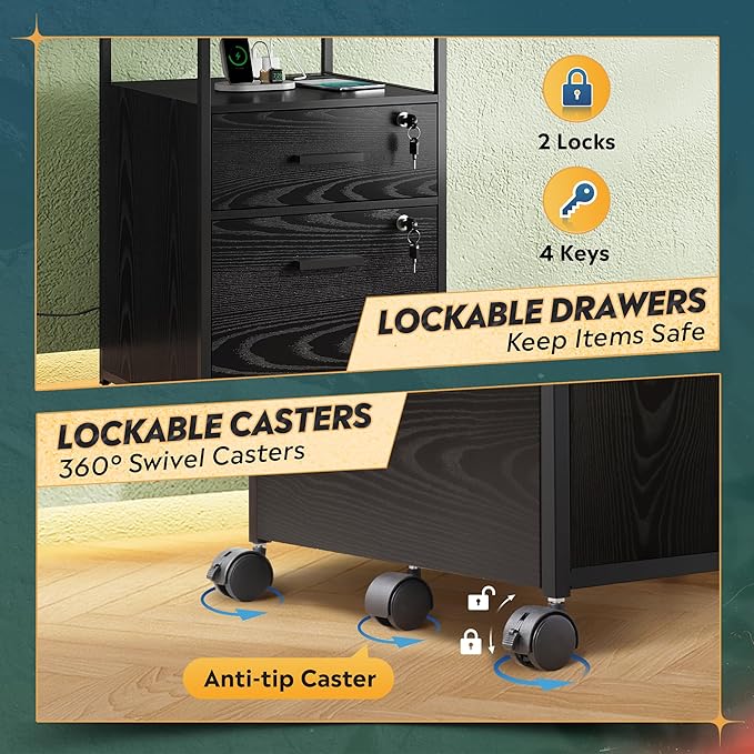 DEVAISE 2 Drawer File Cabinet with Lock and Charging Station, Wood Filing Cabinet fits A4 or Letter Size, Mobile Printer Stand with Open Storage Shelf for Home Office, Black