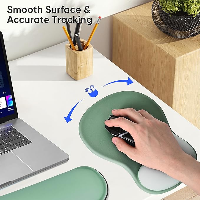 Wrist Rest Support for Mouse Pad Keyboard Set Circle Coaster Gaming Mouse Pad Ergonomic Gel Memory Foam Set for Computer, Laptop, Office, Pain Relief, Comfortably Typing Pure Green KM-34