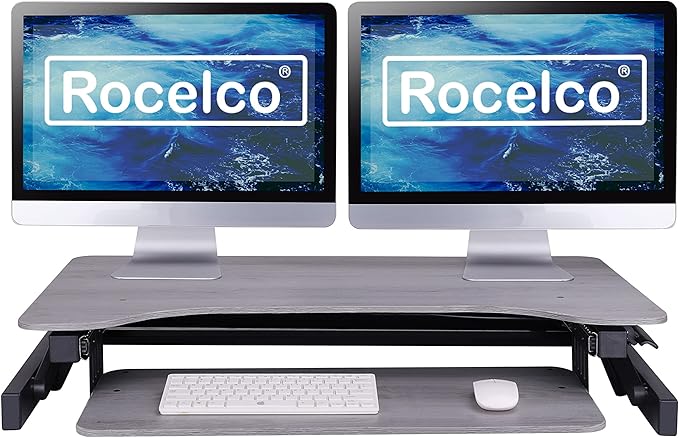 Rocelco 37.5" Height Adjustable Standing Desk Converter with Anti Fatigue Mat Bundle - Slide Out Retractable Keyboard Tray - Sit Stand Dual Monitor Riser - Computer Workstation - Gray (R DADRG-MAFM)