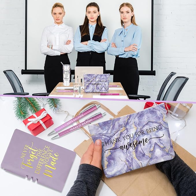 Domensi 6 Pcs Employee Appreciation Gift Set for Women Female Thank You Gift May You Be Proud 20 oz Rustic Marble Sign Tumbler Makeup Bag Journal for Teacher Nurse Lady Work Business(Purple)