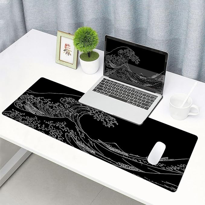 Large Mouse Pad Gaming, Extended Mousepad with Stitched Edges, Non-Slip Rubber Base Keyboard Desk Mat Mouse Pads for Work, Game, Office, Home, 31.5 x 11.8 in, Black Wave of Kanagawa