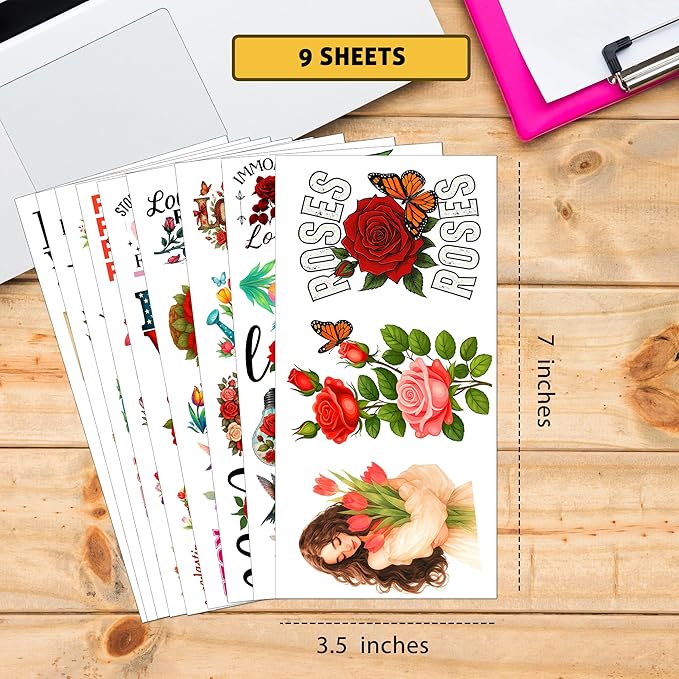 115 PCS Rose and Tulip Stickers Pack, Floral Watercolor Vinyl Waterproof Decals with Roses Tulips Hummingbirds Butterflies, Gift for Kids Teens Adults Laptop Water Bottle Scrapbook