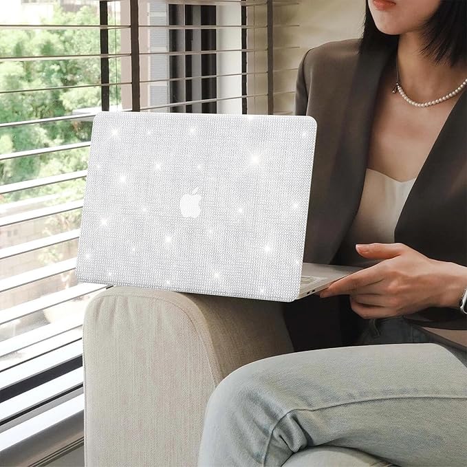 KEROM Glitter Case for MacBook Pro 14 inch 2025-2021 M5 M4 M3 M2 M1 Chip A3434 A3112 A3185 A3401 A2918 A2992 A2779 A2442, Luxury Bedazzled Bling Sparkle PU Leather Hardshell & Keyboard Cover, Silver