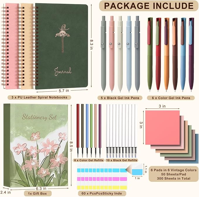 Stationery Gift Set for Women – 37PCS Aesthetic Journal Kit with A5 Spiral Notebooks, Gel Pens, Sticky Notes & Tabs, Premium Gift Box – Perfect for Birthday, Graduation & Holidays