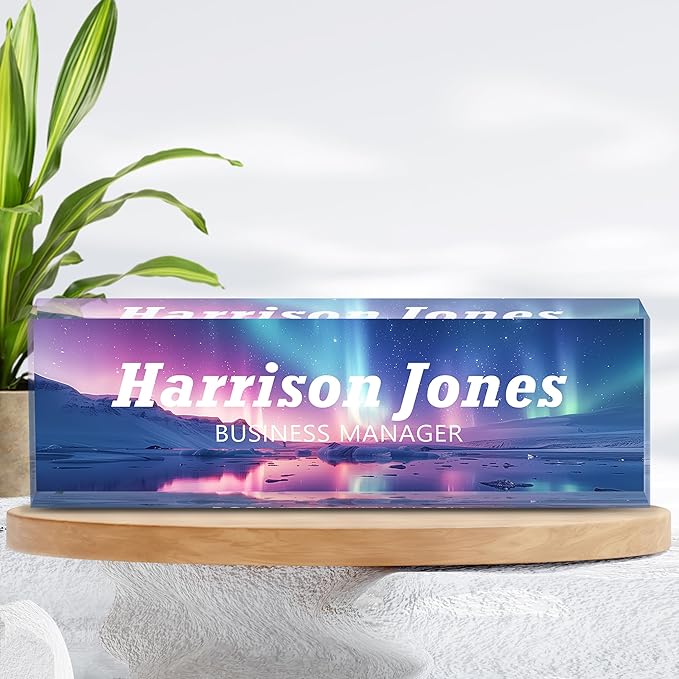 Personalized Name Plate for Desks, Custom Desk Name Plates, Acrylic Name Plate Office Desk Accessories, Personalized Office Gifts for Coworkers Teachers, Employee Appreciation Gifts (B-Purple Aurora)