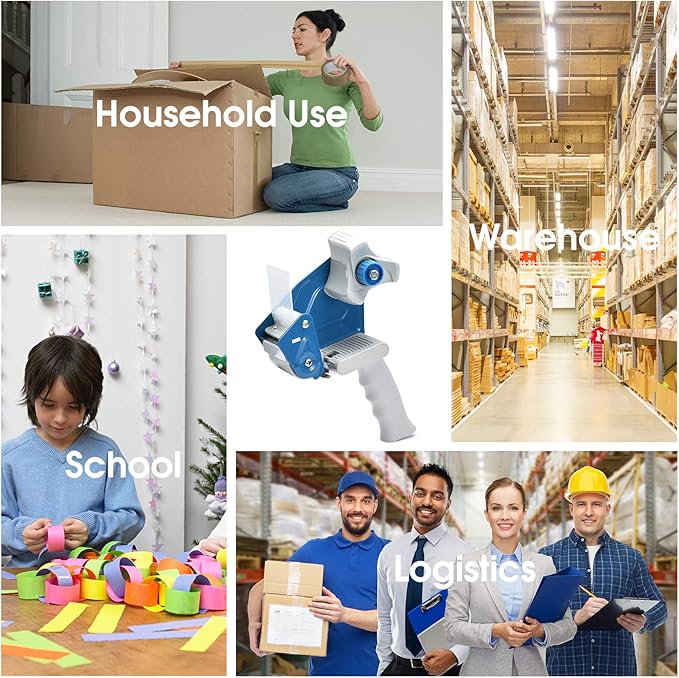 Packing Tape Dispenser Gun (4 Packs) Pacific Mailer 2 Inch Tape Gun Dispenser with 2 Inch Carton Packing Tape, Lightweight Industrial Side Loading Tape Dispenser - Blue