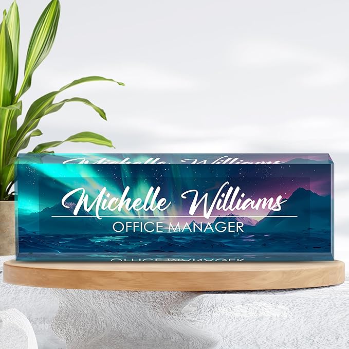 Personalized Name Plate for Desk, Custom Desk Name Plate, Acrylic Name Plate Office Desk Accessories, Personalized Office Gifts for Coworkers Teachers, Employee Appreciation Gifts (Blue Aurora)