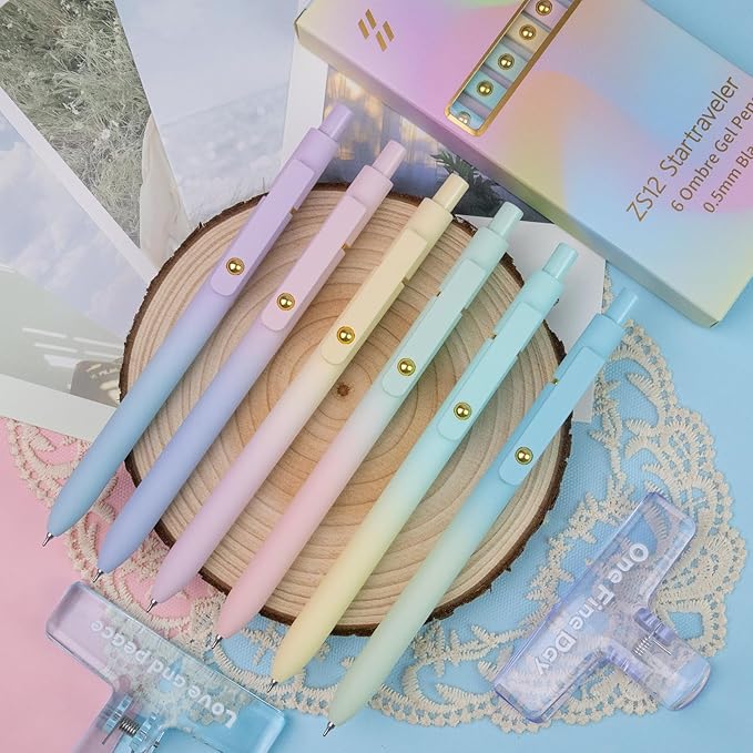 Gel Pens, 6 Pcs 0.5mm Fine Point Smooth Writing Pens Japanese Cute Pens, High-End Series Black Ink Pens for Journaling Note Taking, School Office Supplies for Women Men (6 Pcs Ombre)