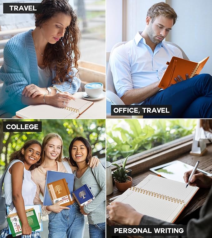 Spiral Notebook Journal for Women Men, 300 Numbered Lined Pages, College Ruled, A5 Hardcover Spiral Bound Notebook for School, Work, Note Taking Writing, Leather Spiral Journal Medium 5.9"x8.5"