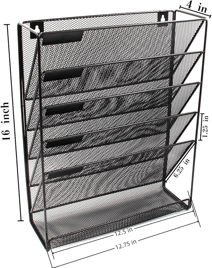 EasyPAG Wall File Holder 5 Tier Vertical Hanging File Organizer Wall Mount Paper Folder Rack with Bottom Flat Tray for Office and Home,Black