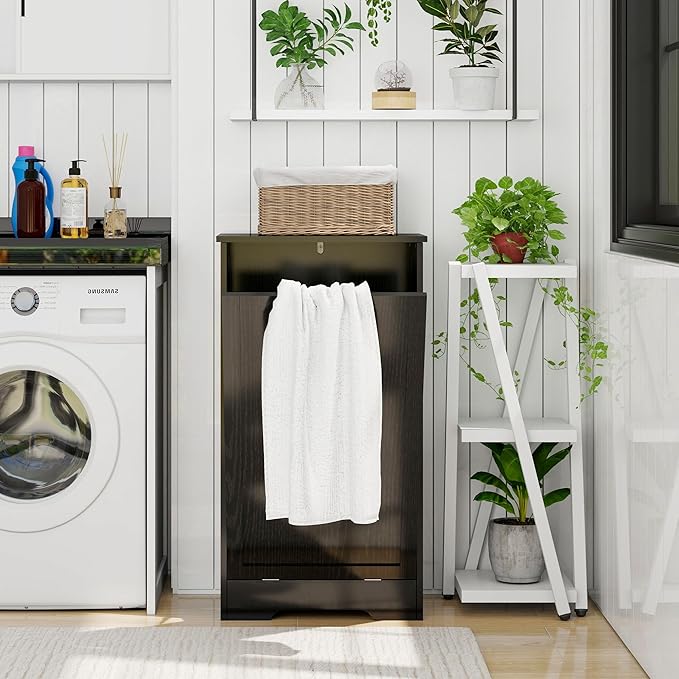 Tilt Out Kitchen Trash Can Cabinet, Pet Proof Wooden Kitchen Garbage Can with Lid, Hidden Laundry Basket Organizer, 10 Gallon Free Standing Bathroom Laundry Hamper Cabinet, Black