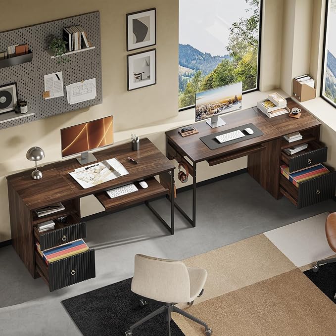 Bestier 55 Inch Computer Desk with Keyboard Tray, Modern Office Desk with Storage, Wood Writing Desk with File Drawer, Fluted Panel & 2 Hooks for Home Office & Studio, Cherry