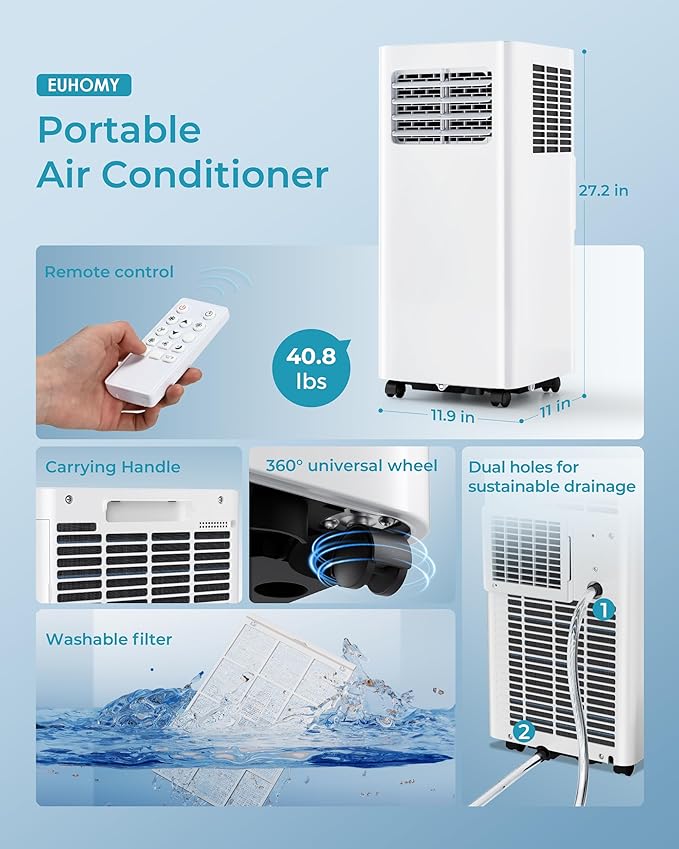 EUHOMY Portable Air Conditioners 8,000 Btu, 3 in 1 Portable Cooling AC with Dehumidifier, Fan, Sleep Modes, AC Unit with Remote Control & 24H Timer for Bedroom, Rooms, Apartments up to 350 Sq.Ft.