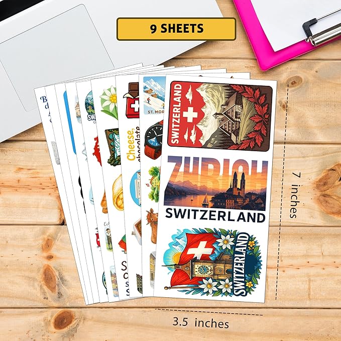 100 PCS Switzerland Stickers Pack, Vinyl Waterproof Decals of Zurich Alps Matterhorn Swiss Flag Cheese Chocolate Travel Souvenirs, Gift for Kids Teens Adults Scrapbook Laptop Water Bottle Car