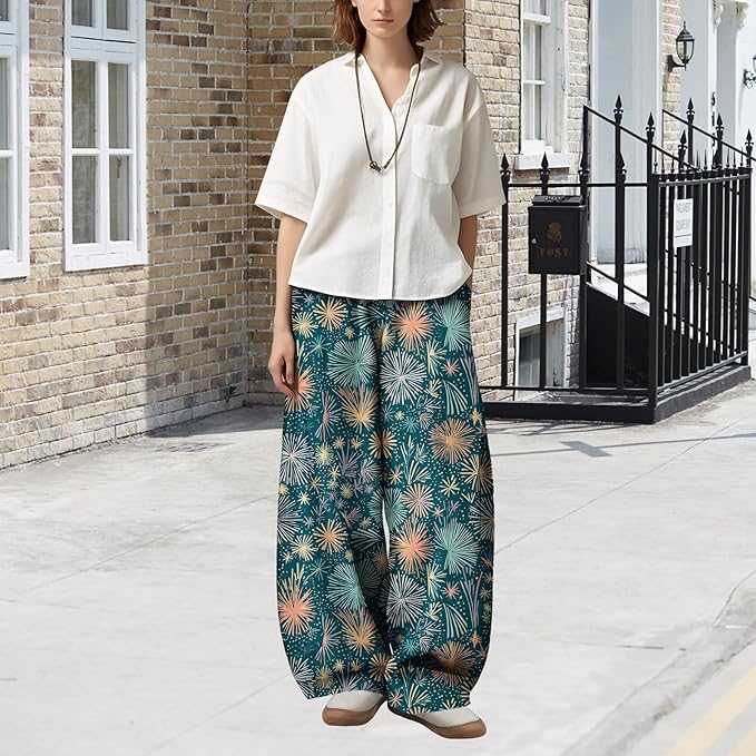 Zaswen Women's Oversize Loose Fit Breathable Pants Wide Leg Lounge Pants Fashion Casual Fireworks Print Trousers with Pockets