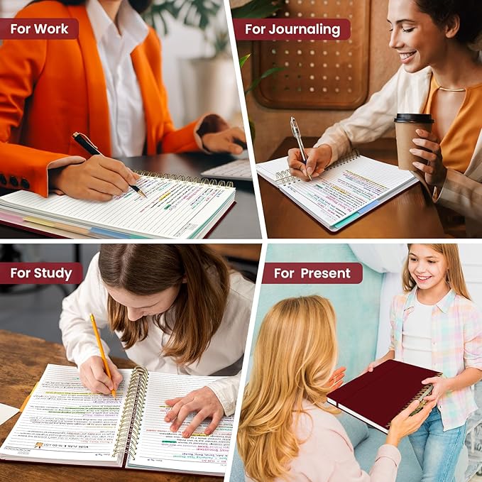 Hardcover Spiral Journal Notebooks for Work With Removable Dividers & Tabs, 8.5"x11" 5 Subject Notebook for Note Taking & Organizer, A4 College Ruled Lined Journal for Women & Writing, Burgundy, 280 Pages