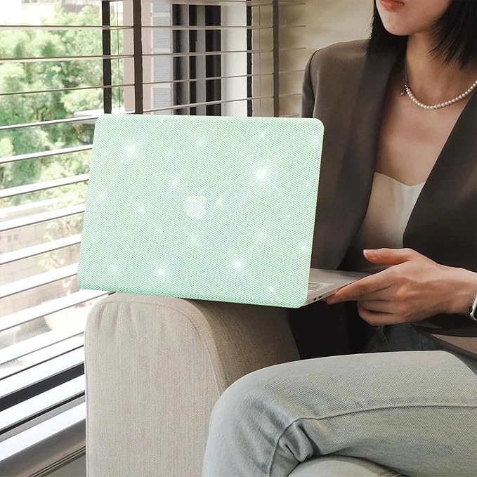 KEROM Glitter Case for MacBook Pro 14 inch 2025-2021 M5 M4 M3 M2 M1 Chip A3434 A3112 A3185 A3401 A2918 A2992 A2779 A2442, Luxury Bedazzled Sparkle PU Leather Hardshell & Keyboard Cover, Bling Green