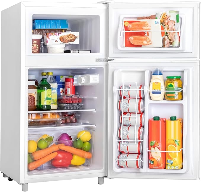 3.55 Cu.Ft Mini Fridge with Freezer, Small Fridge with 2 Doors for Office, Kitchen, Dorm and Bedroom, Mini Refrigerator with Adjustable Shelves (White)