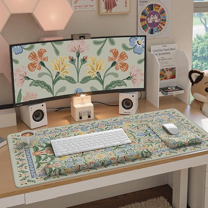 iCasso Mouse Pad with Wrist Rest,Large Desk Mat Set,Ergonomic Keyboard Pad with Wrist Support,Non-Slip Mouse Mat for Women,Cute Floral Computer Mat for Home Office Gaming (Green Floral)