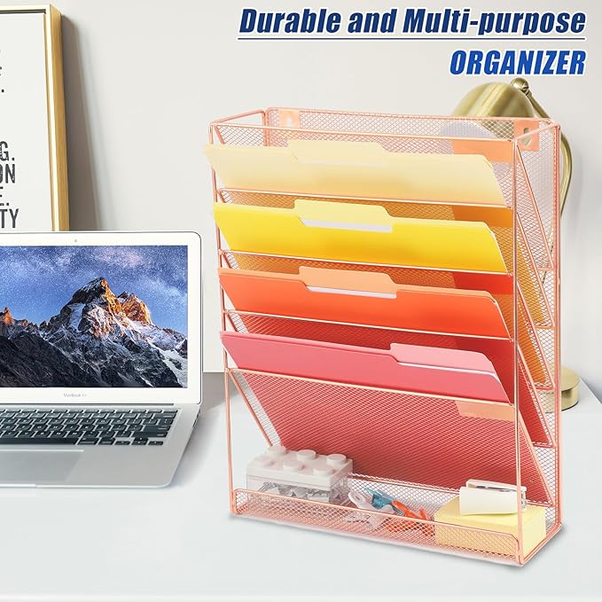 EASEPRES Desk File Organizer Mesh 6-Tier, Hanging Wall Mount Document Organization Stand, Desktop Vertical Mail Paper Folder Holder Rack with Bottom Tray for Office Home Cubicle Countertop, Rose Gold