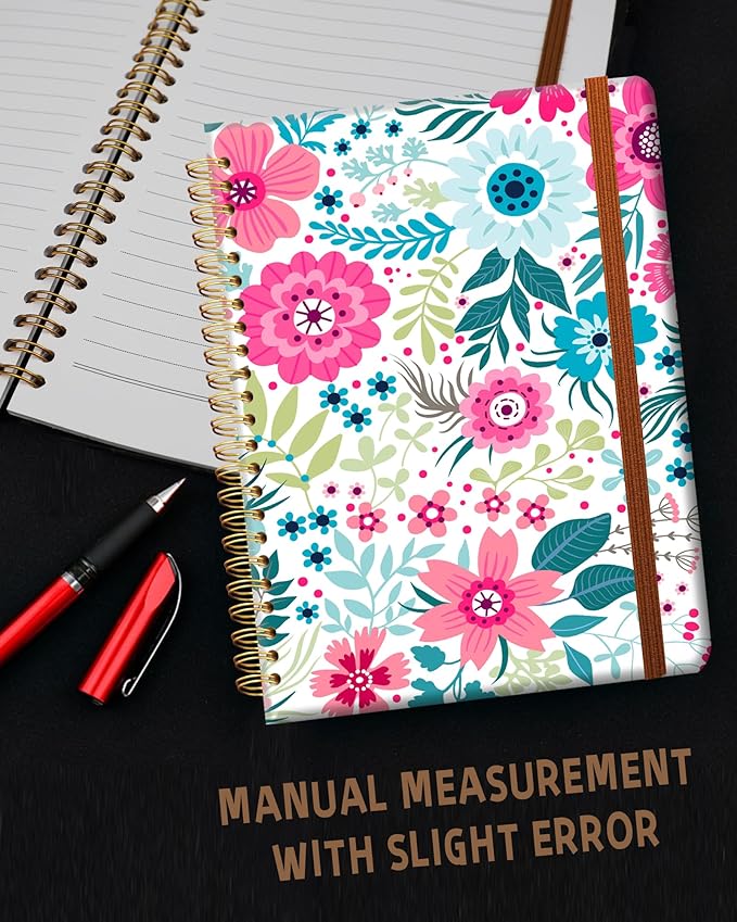 Ruled Spiral Writing Notebook,A5 Hardcover Lined College Journal for Women Lady,Fashion Puppy Watercolor Strong Twin-Wire Binding with Premium Paper,8.4" X 6",Perfect for School,Office,Home Gifts(Colorful Flowers)