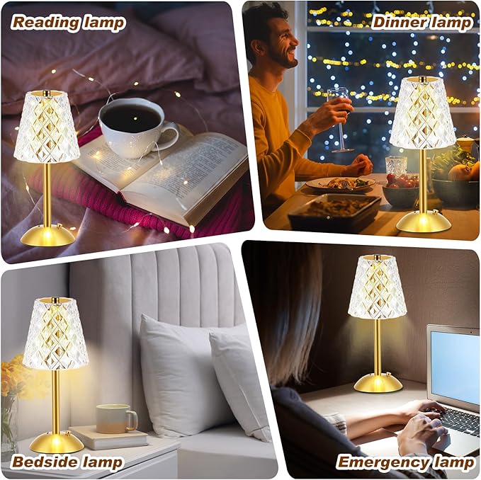 Liliful 4 Pcs LED Portable Cordless Table Lamp Touch Battery Operated Rechargeable Gold Desk Lamp 3 Color Dimmable for Bedroom Living Room Dining (Gold,Diamond Style)