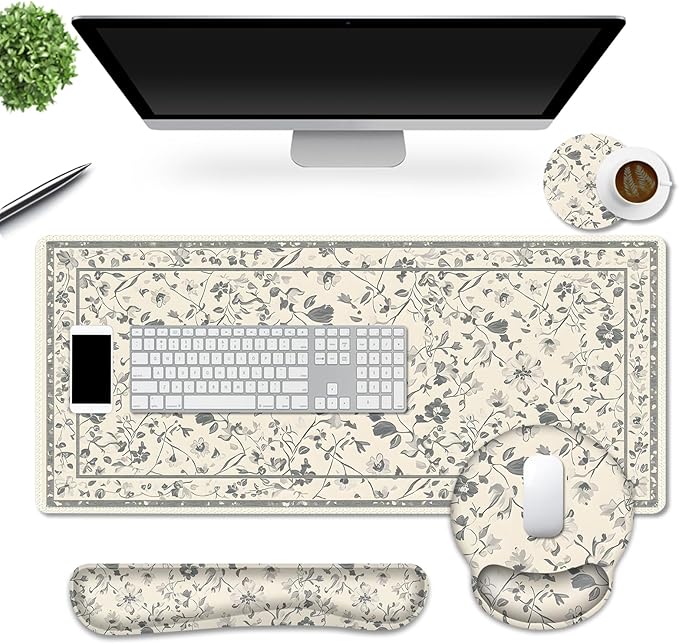 DINKY Desk Mat Mouse Pad, XXL Large Gaming Mouse Pad with Wrist Rest Wrist Support, Ergonomic Mouse Pads, Keyboard Wrist Rest, Desk Accessories Decor for Home Office, Apricot Art Leaf