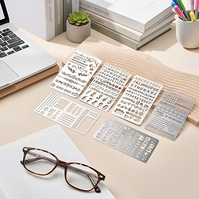 Lewtemi 6 Pcs Journal Metal Stencil Stainless Steel Stencil for Bullet Journaling Planner Stencils Wood Burning Templates for Carving Engraving Diary Draw Journals Scrapbook (Journal Style)
