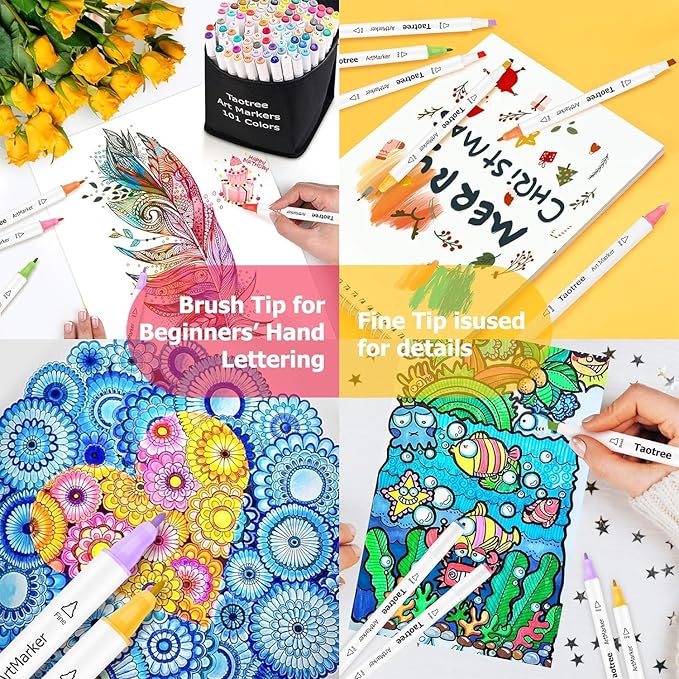 Taotree Alcohol Markers 101 Colors Dual Tips Art Markers Sketch Pens Set, Art Supplies Kit, Drawing Pens Set for Adult Coloring Books Painting, Sketching, Christmas Gifts for Teens Girls Boys Artists
