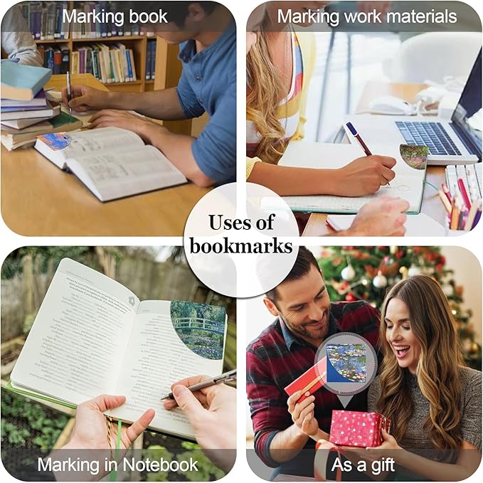 Monet Oil Painting Corner Bookmarks 4 Pcs, Cute Leather Book Accessories for Book Lovers, Reading Book Page Markers for Women Gifts (Water Lilies Irises Japanese Bridge Impression Sunrise)