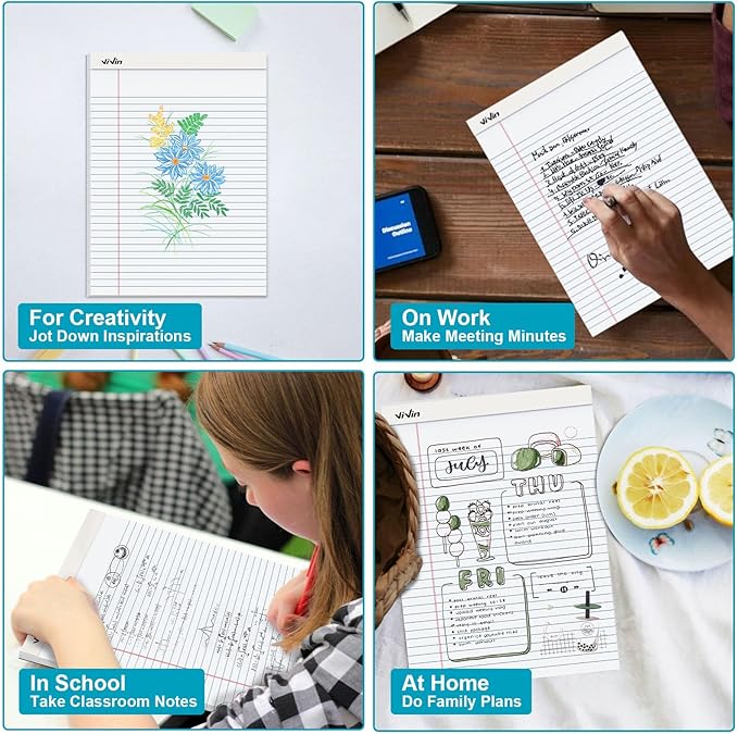 ViVin Legal Pads 8.5 x 11 Inch, Wide Ruled Note Pads, 6 Pack, 50 Sheet/Pad, Perforated Writing Pads, Notepads for Office Home School, 300 Sheets, White Paper
