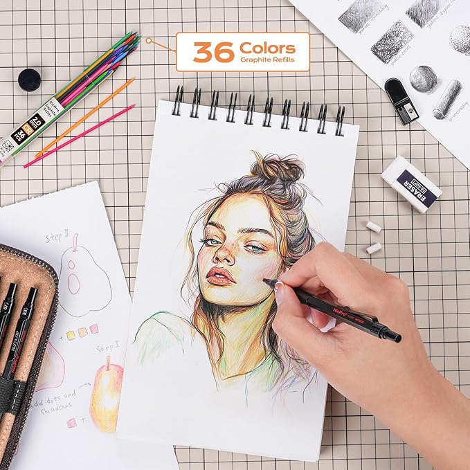 Nicpro 45PCS Black & Silver Metal Mechanical Pencil Set in Leather Case, Art Drafting Pencil 0.5, 0.7, 0.9 mm, 2mm Lead Holders for Sketching Drawing With 27 Tube (6B 4B 2B HB 2H 4H Colors)Lead Refill