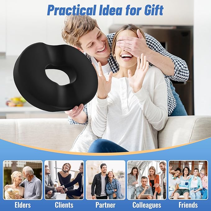 CloudBliss Donut Pillow Seat Cushion for Tailbone Pain Relief and Hemorrhoids, Memory Foam Chair Cushion, Seat Cushions for Men and Women for Home & Office, (Black-XL)